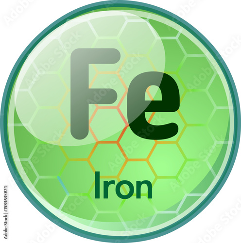 Iron, fe symbol, logo.. Vitamins and minerals essential for human health. 3D glossy droplet, green, shiny, pill iron capsule. Illustration vector	