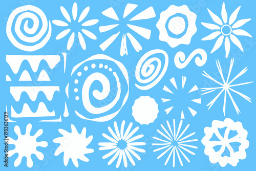 Abstract white floral and spiral designs on a bright blue background