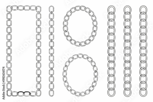 Various metal chain links arranged in different shapes and configurations
