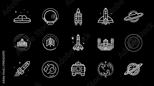 Collection of minimalist white line art icons depicting space exploration and celestial bodies on a black background
