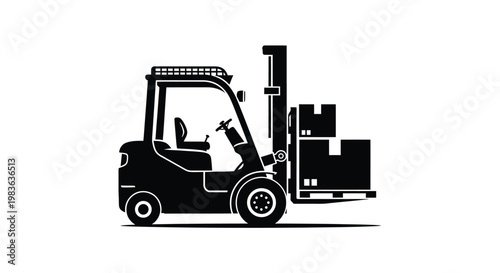 A detailed black illustration showcases a forklift truck lifting stacked boxes highlighting industrial logistics and material handling silhouette high quality professional modern elegant stylish