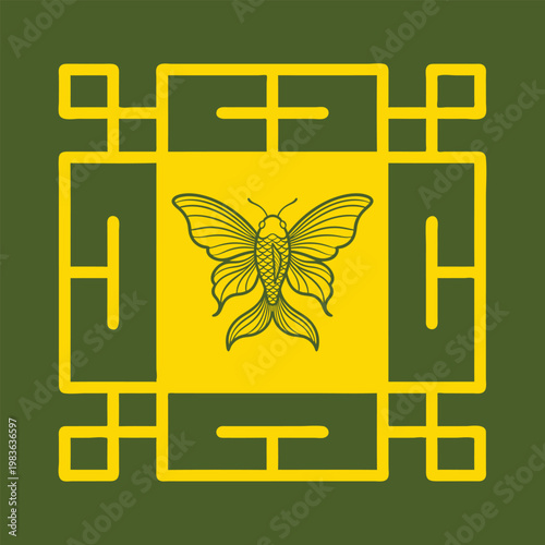 Decorative yellow butterfly fish hybrid design centered on a dark olive green flat square background