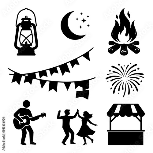 Sao Joao party icon set with lantern bonfire and fireworks