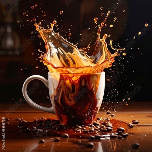 A white mug with splashing liquid on a wooden table surrounded by coffee beans