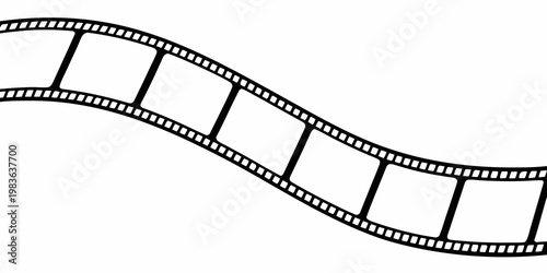 A black film strip with rectangular frames gracefully curving across a white background