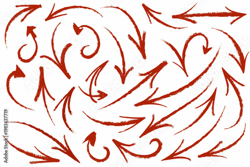 A chaotic arrangement of hand drawn red arrows pointing in various directions