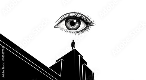 a man on a building looking up at an eye.
