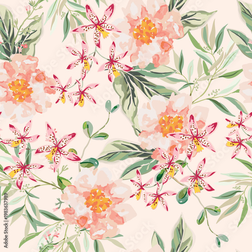 Pink peonies, orchid flowers, green leaves, blush background. Floral illustration. Vector seamless pattern. Botanical design. Summer garden plants
