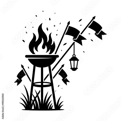 Rural fire bowl silhouette with waving flags and hanging lantern