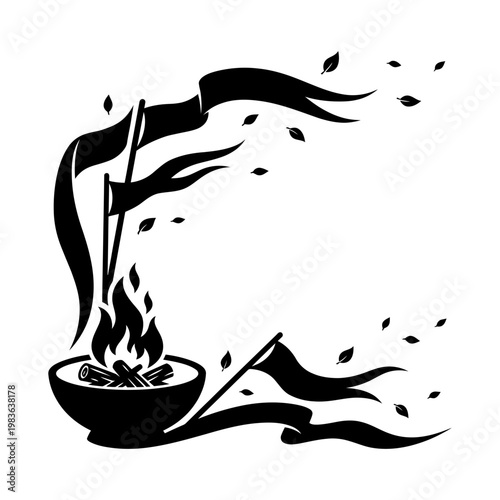 Rural fire pit silhouette with waving festival flags and leaves