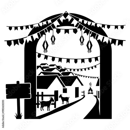 June festival swing silhouette with bonfire and hanging lanterns