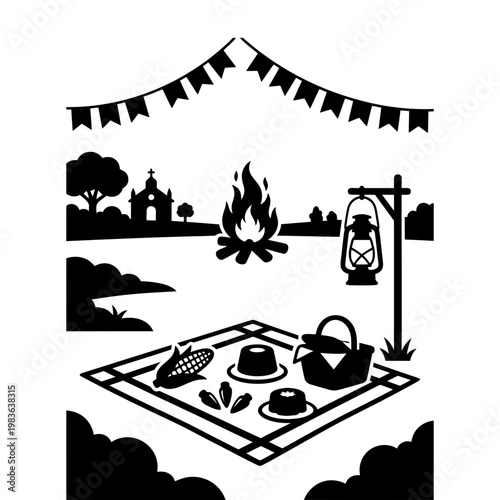 Rural picnic silhouette with bonfire lantern and countryside feast