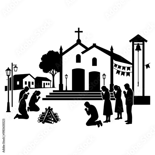 Village chapel festival silhouette with bonfire and prayer scene
