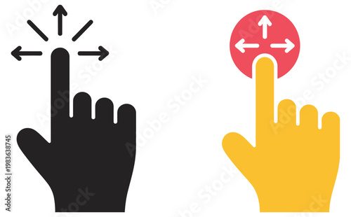 Touch gesture icon pack, finger drag move direction symbols, swipe scroll interaction graphics, mobile UI navigation elements, screen control indicators, user interface design