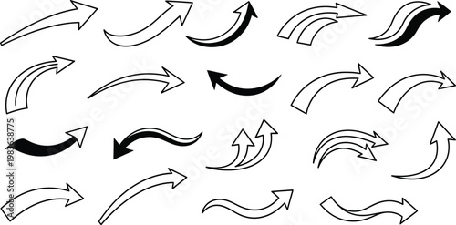 Collection of diverse black and white hand drawn style arrows
