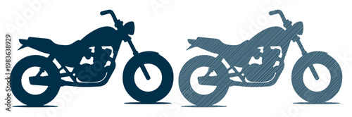 Two stylized motorcycle silhouettes, one solid and one textured, displayed side by side.