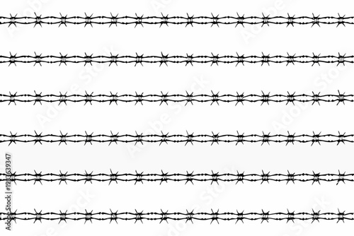 Several rows of black barbed wire against a plain white background