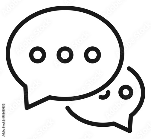Minimalist black vector icon of two overlapping speech bubbles representing a conversation, chat, or messaging. The larger bubble features an ellipsis symbol. Clean line art illustration for digital