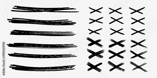 Abstract black brushstrokes and cross marks on a white background