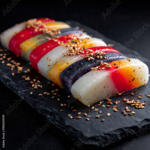 Close-up of colorful garaetteok (cylinder rice cakes) sliced diagonally, glossy surface reflecting light, arranged artfully on a dark slate plate with sesame seeds sprinkled on top, high-detail food p