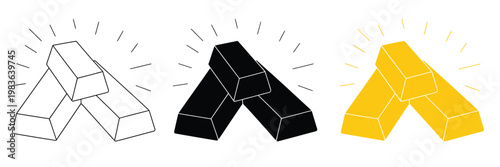 Gold icon set, stack of gold bars symbols, shining gold bar illustration, wealth and finance graphics, investment asset icons