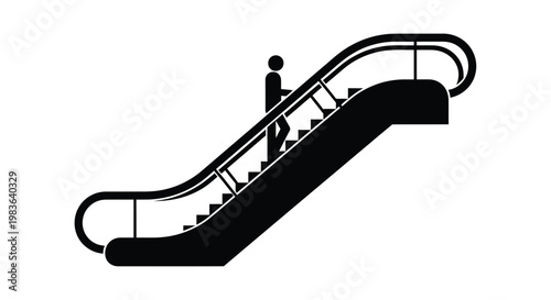 A minimalist depiction shows a person ascending on an escalator rendered in stark black against a white background creating a striking silhouette high quality