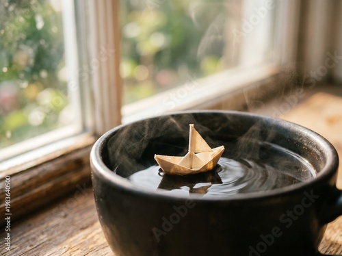 Conceptual macro shot of tiny origami paper boat floating on steaming black coffee surface in minimalist morning scene