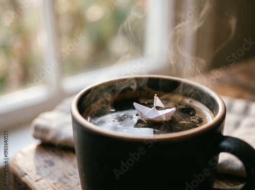 Conceptual macro shot of tiny origami paper boat floating on steaming black coffee surface in minimalist morning scene