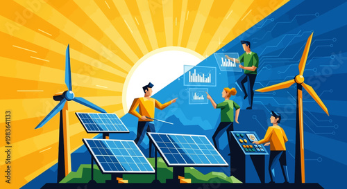 Renewable energy team installing solar panels.