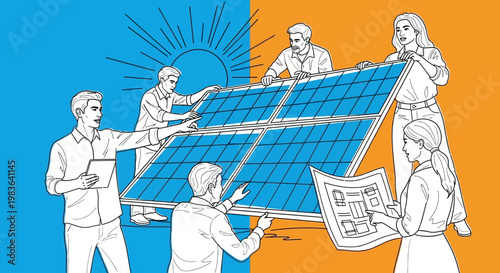 A group of people installing solar panels.