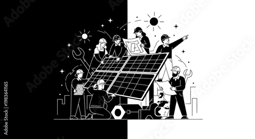 People installing solar panels together outdoors.