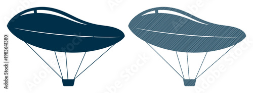Two stylized blimps floating against a white background, representing innovation and exploration.