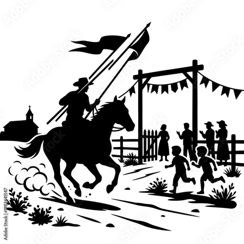 Rider arriving at rural festival with horse and flags