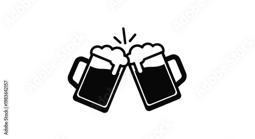 Two beer mugs clinking together in a celebratory toast silhouette