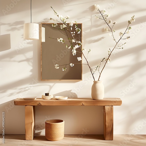 Minimalist bedroom with wooden bed, white linens, and hanging dried flowers