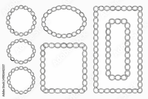 Assorted silver chain links forming various geometric shapes