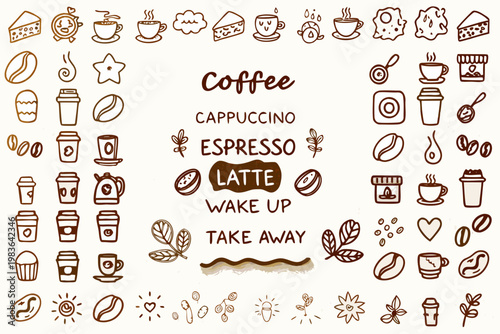 Hand drawn coffee doodles and lettering with various beverage illustrations