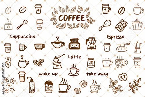 Hand drawn coffee elements beans cups pots and related accessories