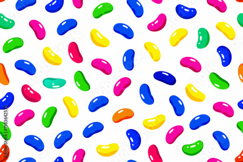 Colorful jelly beans scattered randomly across a bright white background