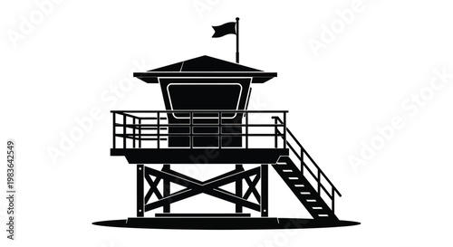 A stark black lifeguard station stands prominently against a white background featuring a raised platform and detailed railings silhouette high quality professional modern elegant