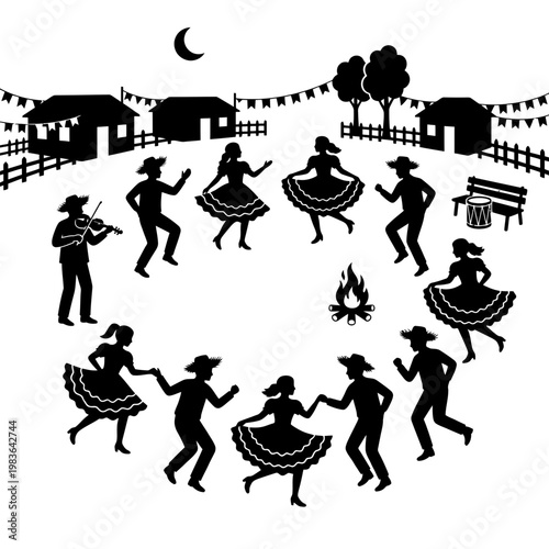 Quadrilha dancers in rural night scene with bonfire and musicians