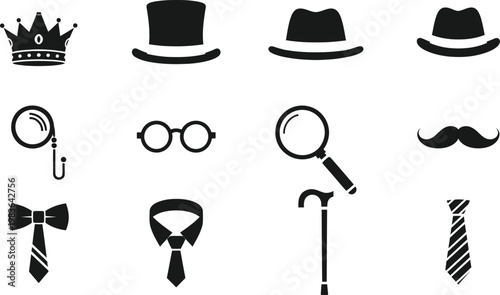 Elegant hat accessory vector collection crowns top hats monocles mustaches and ties stylish design elements