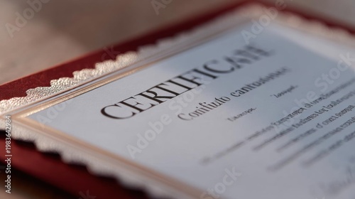 Close-up of a certificate or diploma. the certificate is rectangular in shape and has a red border with a scalloped edge.