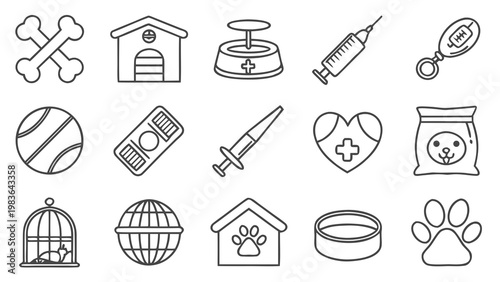 A set of black and white line art icons related to pets and veterinary care