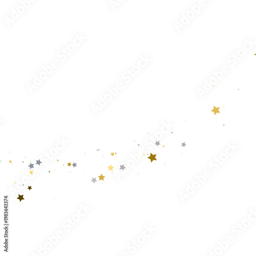 Delicate wave of gold and silver stars on white background. Minimalist festive confetti. Copy space for text