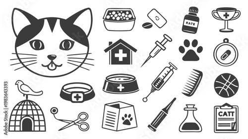 A set of black and white vector icons depicting various pet care and medical symbols