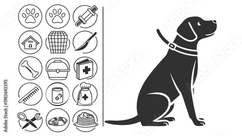 A black and white vector graphic illustration of a dog and various pet care icons