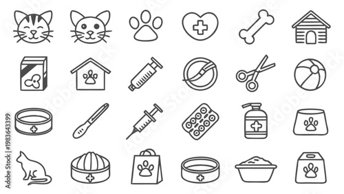 A set of black and white line art icons depicting various pet care and veterinary medicine symbols
