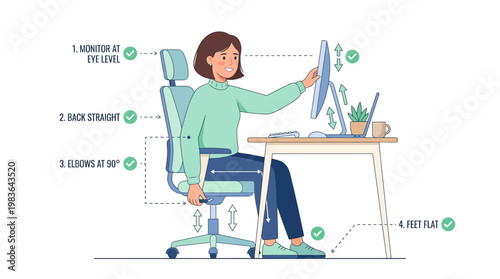 Ergonomic Office Setup Guide Showing Correct Posture for Healthy Computer Work and Proper Desk Chair Adjustment for Workplace