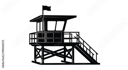 A striking black silhouette depicts a coastal lifeguard station with a tall flag showcasing architectural simplicity and functionality silhouette high quality professional detailed modern